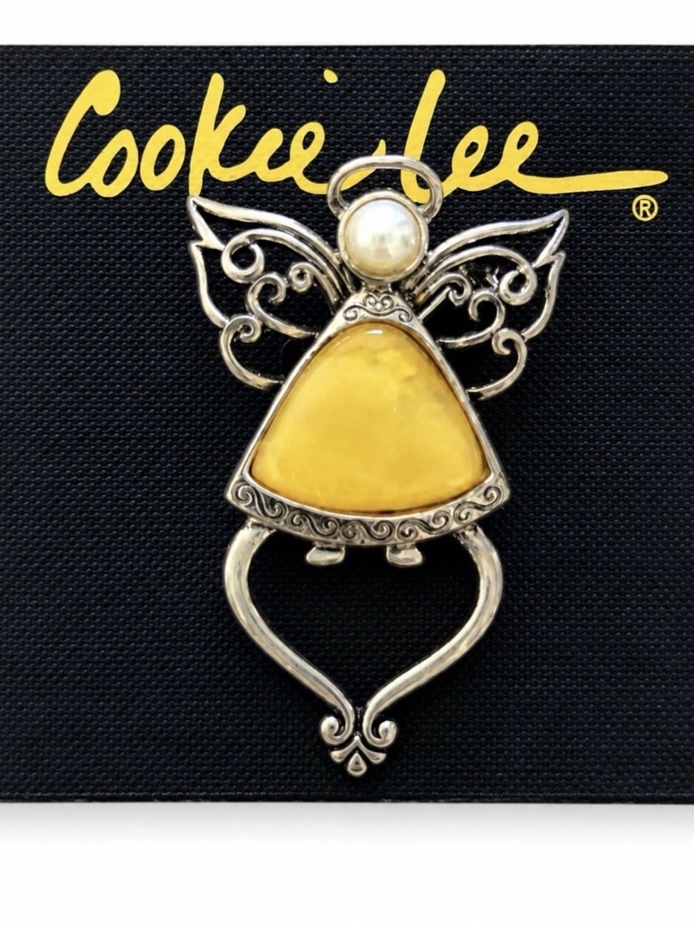 Cookie Lee Angel Brooch Yellow Jelly Belly Faux Pearl Silver Tone Vintage Pin